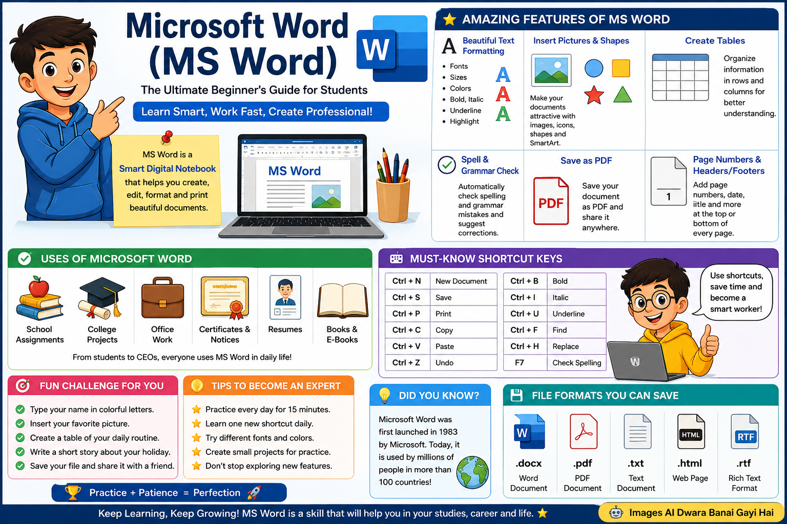 AI-generated educational infographic about Microsoft Word (MS Word) for students, featuring MS Word basics, key features, shortcut keys, document formatting, uses, tips, PDF saving, and colorful illustrations with a note stating 'Images AI Dwara Banai Gayi Hai'."