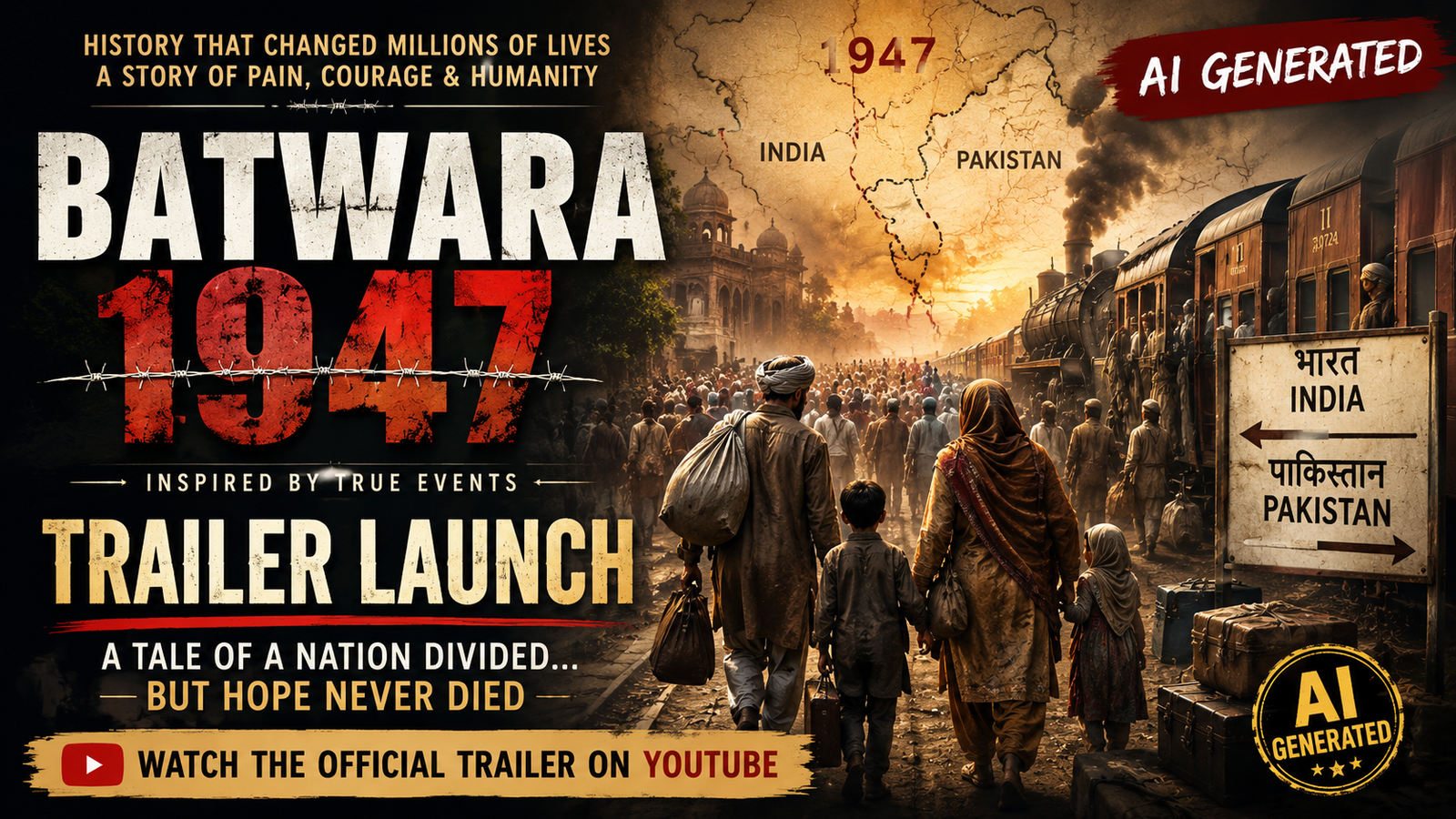 "AI-generated cinematic illustration for the Batwara 1947 trailer launch, depicting a 1947 Partition-inspired historical scene with a vintage train, refugees, and an emotional atmosphere."