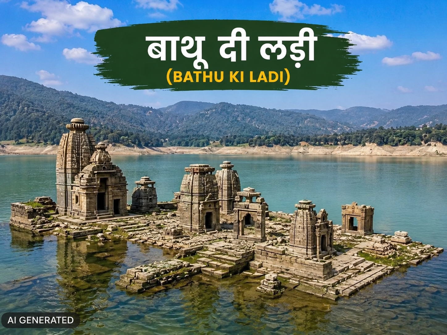 बाथू दी लड़ी (Bathu Ki Ladi) के प्राचीन पत्थर के मंदिर पोंग डैम के कम जलस्तर के दौरान पानी से बाहर दिखाई देते हुए, पृष्ठभूमि में पहाड़ और नीला आकाश (AI Generated)