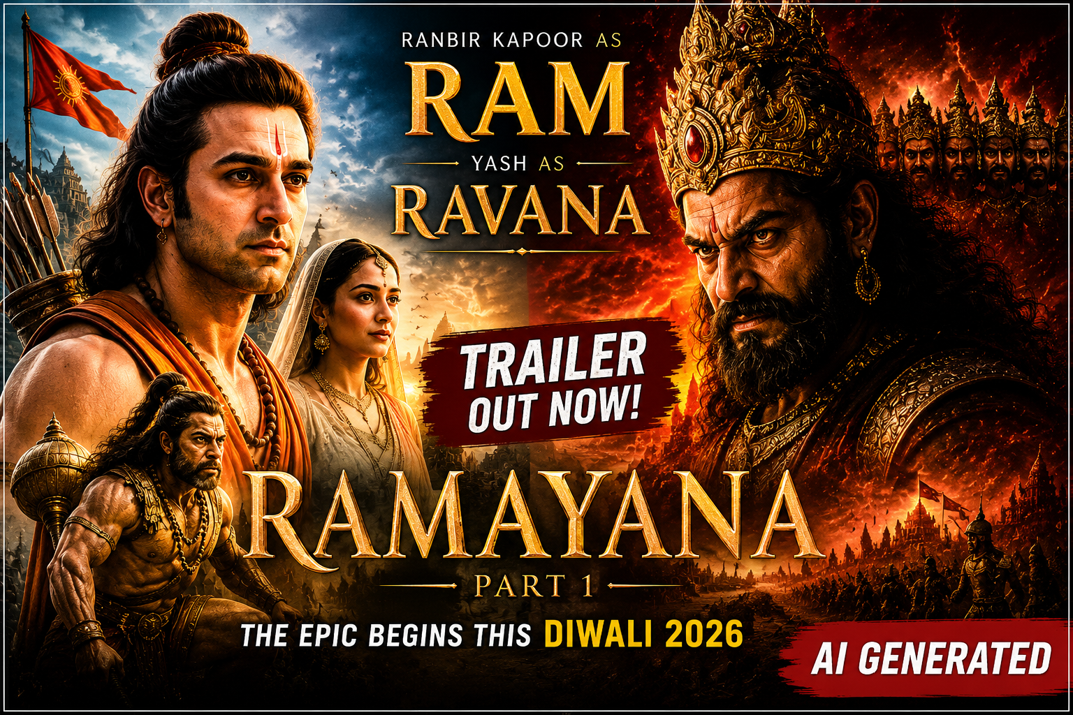 Ramayana Part 1 trailer featuring Ranbir Kapoor as Ram and Yash as Ravana, AI generated