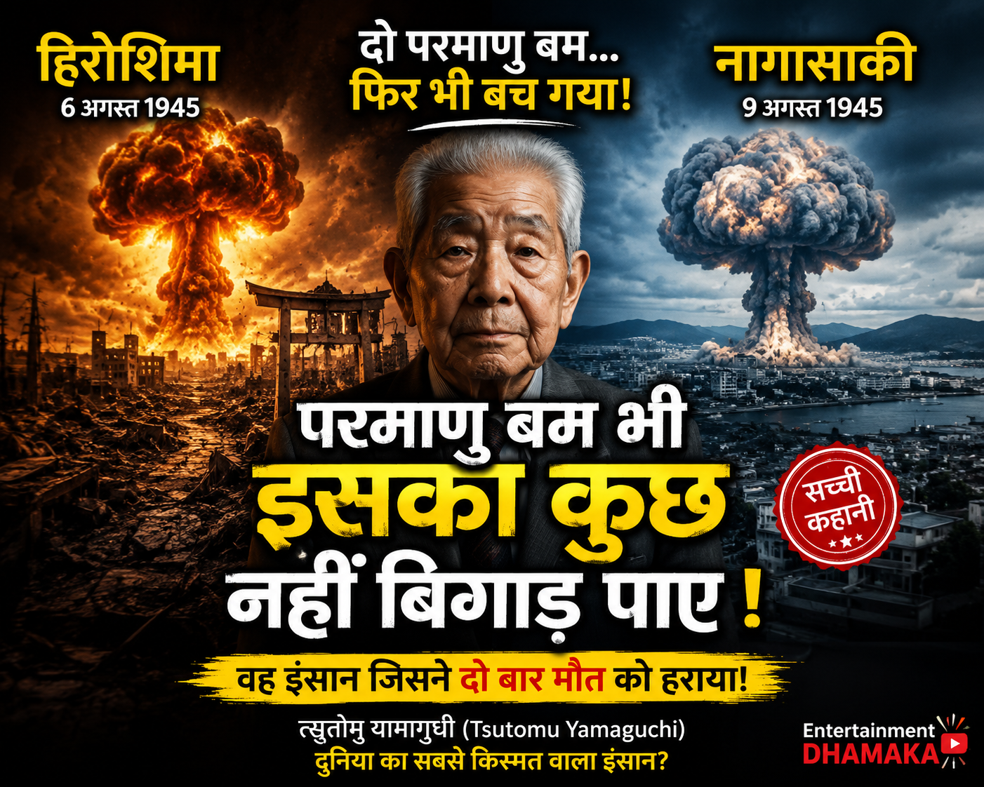"AI-generated thumbnail of Tsutomu Yamaguchi, the man who survived the atomic bombings of Hiroshima and Nagasaki in 1945, with dramatic mushroom clouds, destroyed cities, and bold Hindi headline reading 'परमाणु बम भी इसका कुछ नहीं बिगाड़ पाए!'"