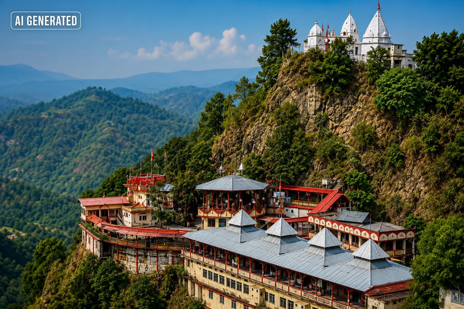 बाबा बालक नाथ मंदिर, देओतसिद्ध (हमीरपुर, हिमाचल प्रदेश) का पहाड़ी पर स्थित मनमोहक दृश्य – AI Generated