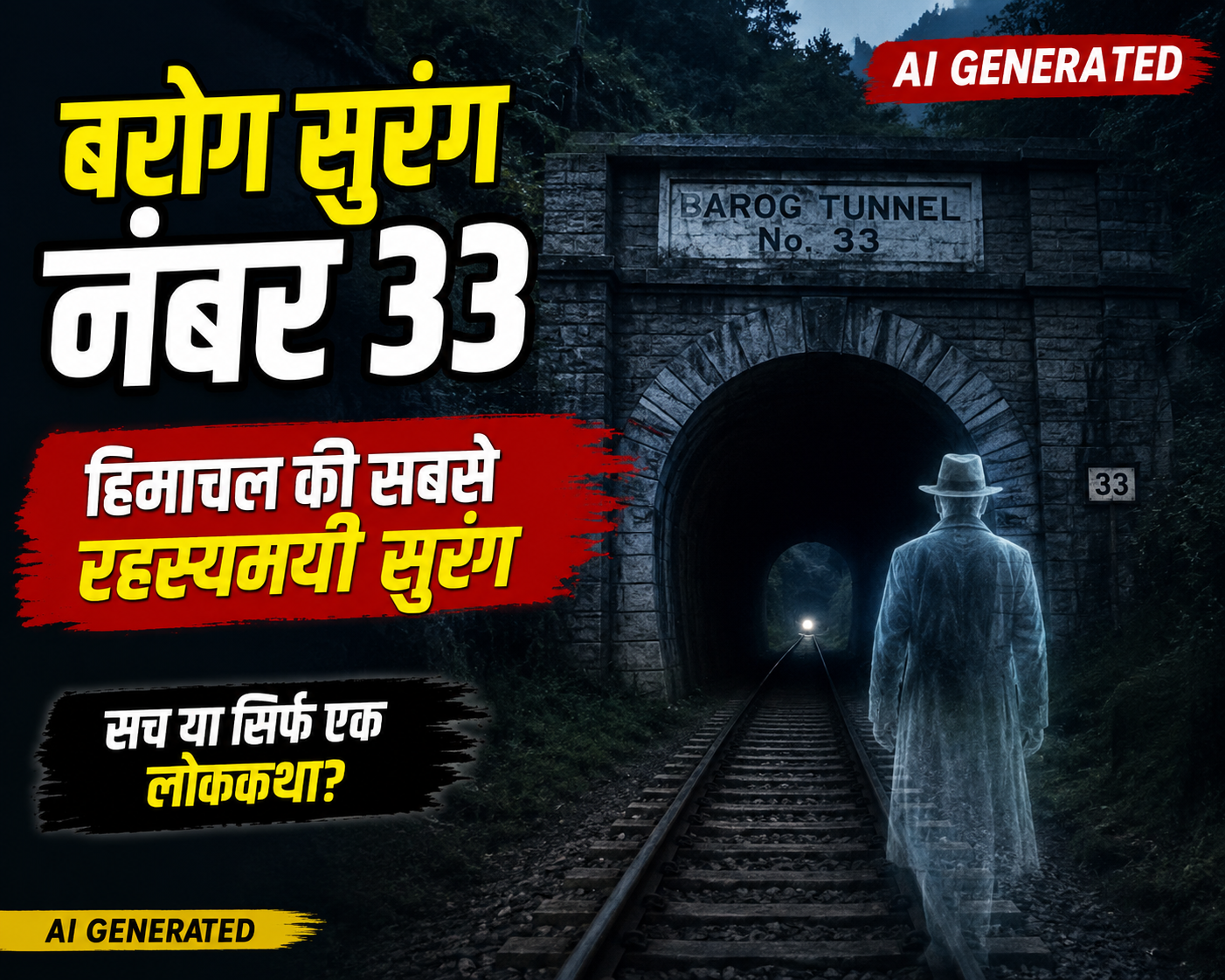 AI-generated illustration of Barog Tunnel No. 33 in Solan, Himachal Pradesh, depicting the mysterious railway tunnel associated with local legends and folklore.