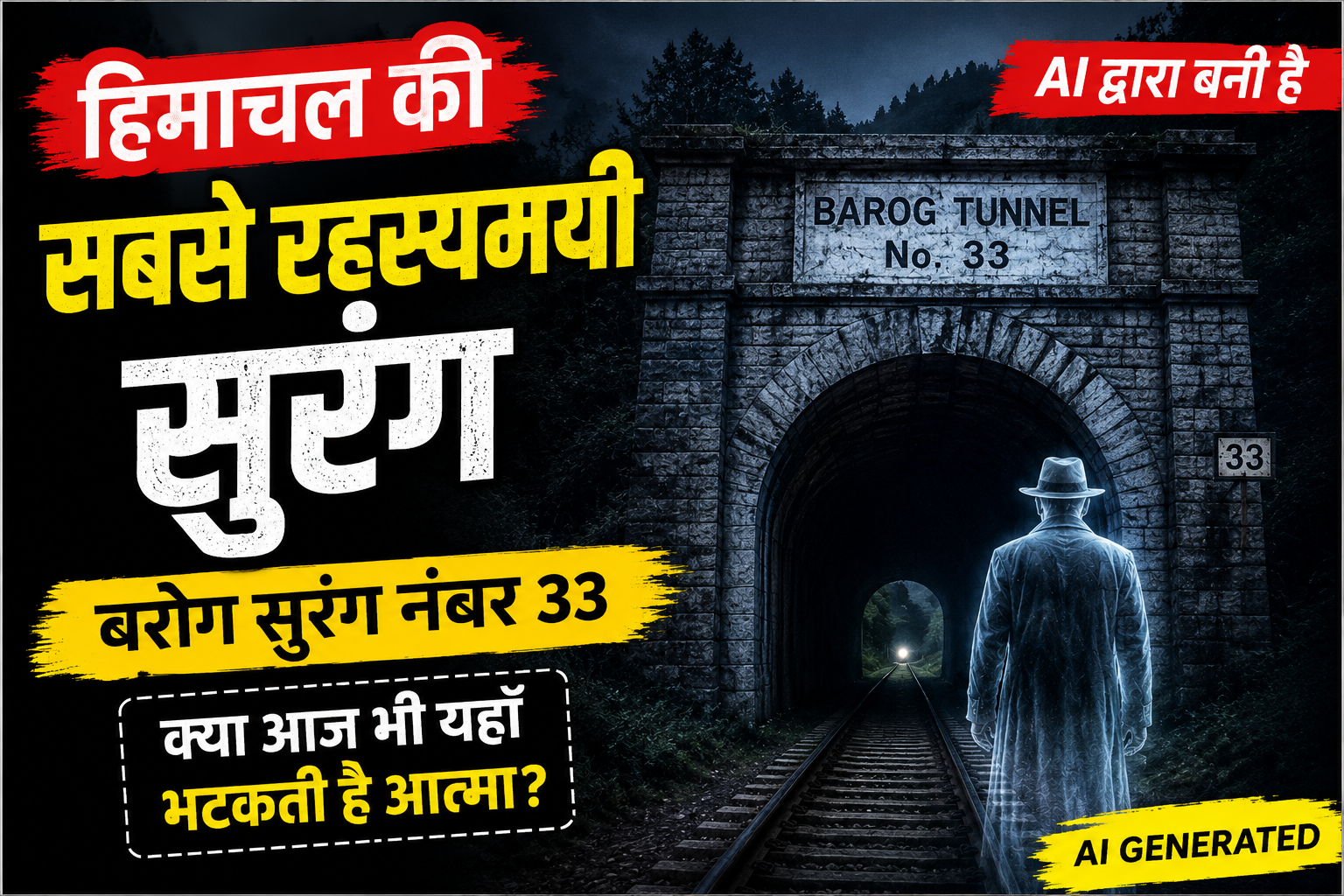 AI-generated thumbnail of Barog Tunnel No. 33 in Solan, Himachal Pradesh, featuring the historic railway tunnel inspired by local mystery and folklore.