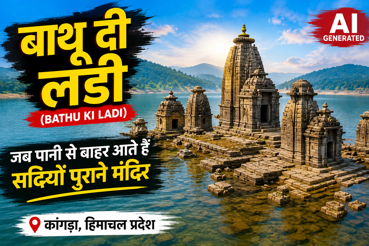 Bathu Ki Ladi ancient temple complex emerging from Pong Dam in Kangra, Himachal Pradesh (AI Generated)