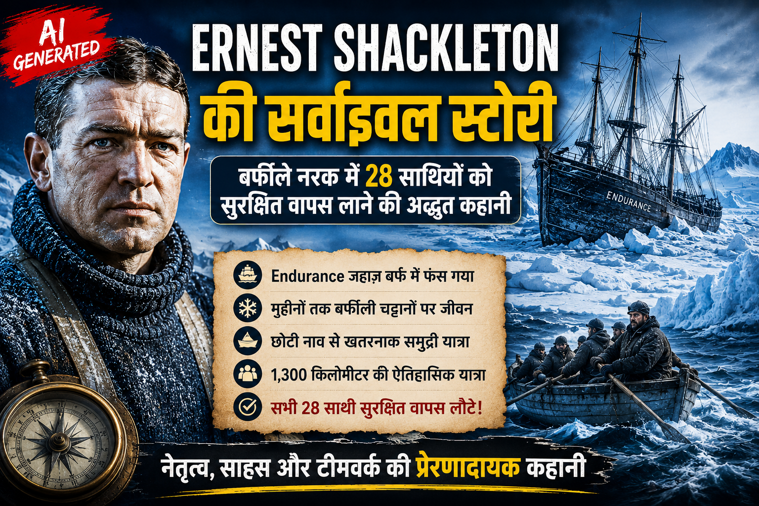 AI-generated thumbnail of Ernest Shackleton's survival story in Antarctica featuring the Endurance ship trapped in ice, icy mountains, and a rescue boat.