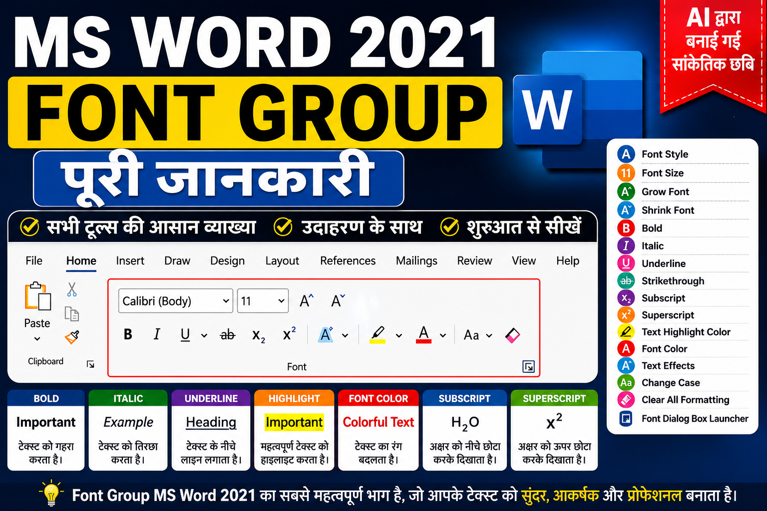 MS Word 2021 Font Group thumbnail showing text formatting tools including Font Style, Font Size, Bold, Italic, Underline, Highlight, and Font Color. AI-generated illustrative image.