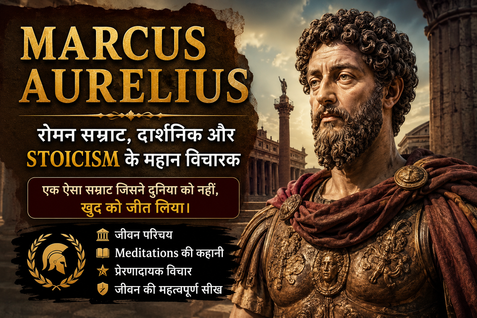 AI-generated thumbnail of Marcus Aurelius, the Roman Emperor and Stoic philosopher, featuring ancient Rome, golden armor, and the title "Marcus Aurelius Biography in Hindi".
