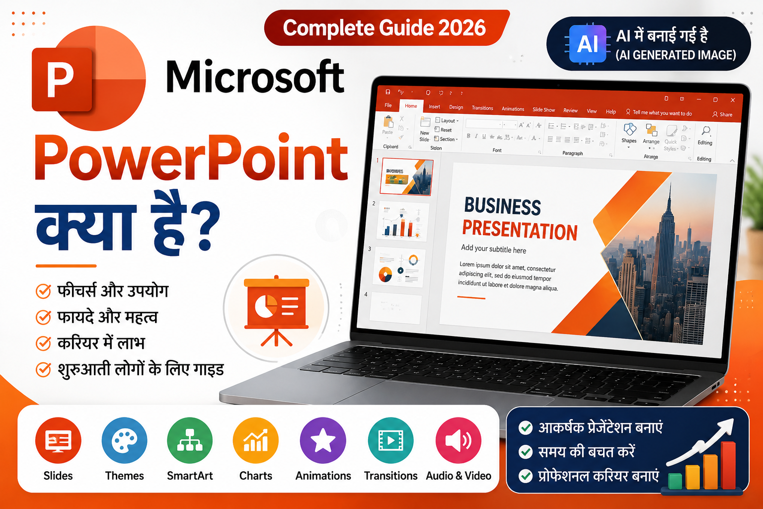 AI-generated thumbnail of Microsoft PowerPoint showing the PowerPoint interface, presentation slides, charts, and the title "Microsoft PowerPoint Kya Hai?" in Hindi.