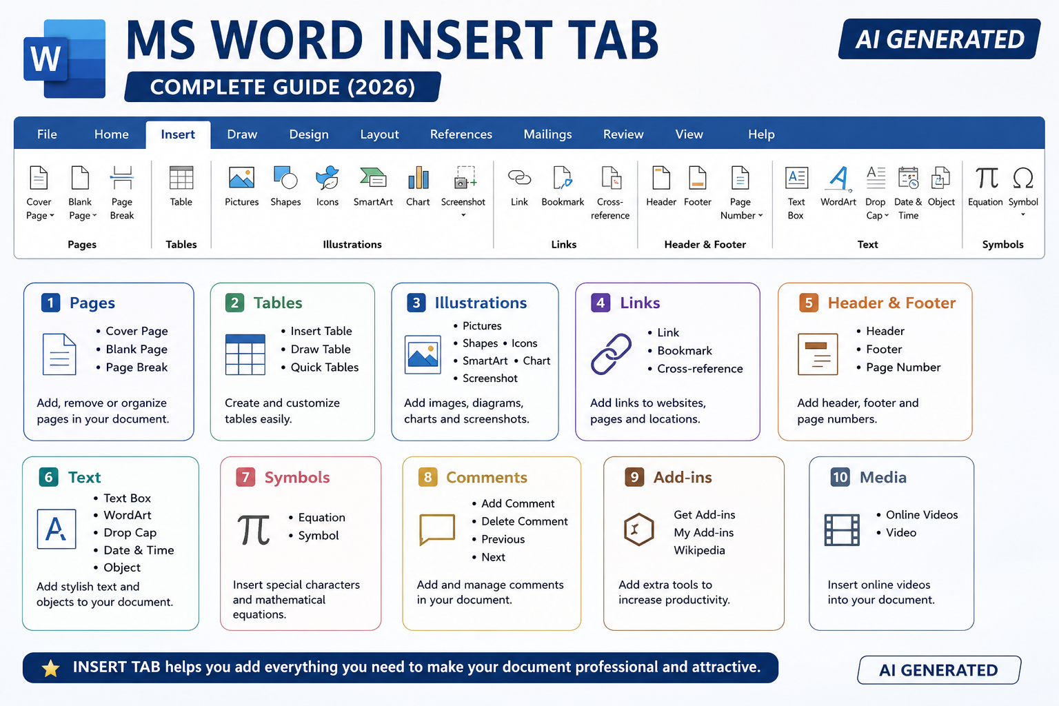 MS Word Insert Tab Complete Guide (2026) showing Pages, Tables, Illustrations, Links, Header & Footer, Text, and Symbols groups – AI Generated educational infographic.