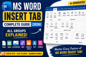 MS Word Insert Tab Complete Guide (2026) thumbnail featuring Pages, Tables, Illustrations, Links, Header & Footer, Text, and Symbols – AI Generated.