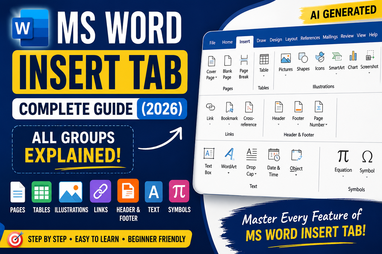 MS Word Insert Tab Complete Guide (2026) thumbnail featuring Pages, Tables, Illustrations, Links, Header & Footer, Text, and Symbols – AI Generated.