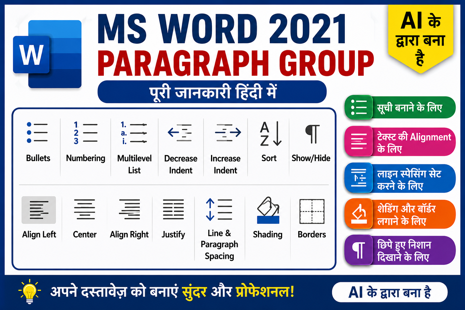 MS Word 2021 Paragraph Group thumbnail featuring Bullets, Numbering, Alignment, Line Spacing, Borders, Shading, and other paragraph formatting tools. AI-generated illustrative image.