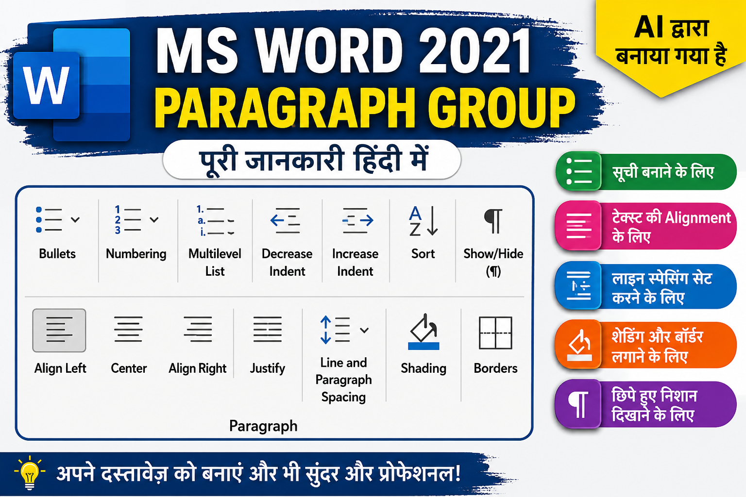 MS Word 2021 Paragraph Group complete guide infographic featuring Bullets, Numbering, Multilevel List, Alignment, Line Spacing, Shading, Borders, and other paragraph formatting tools. AI-generated illustrative image.