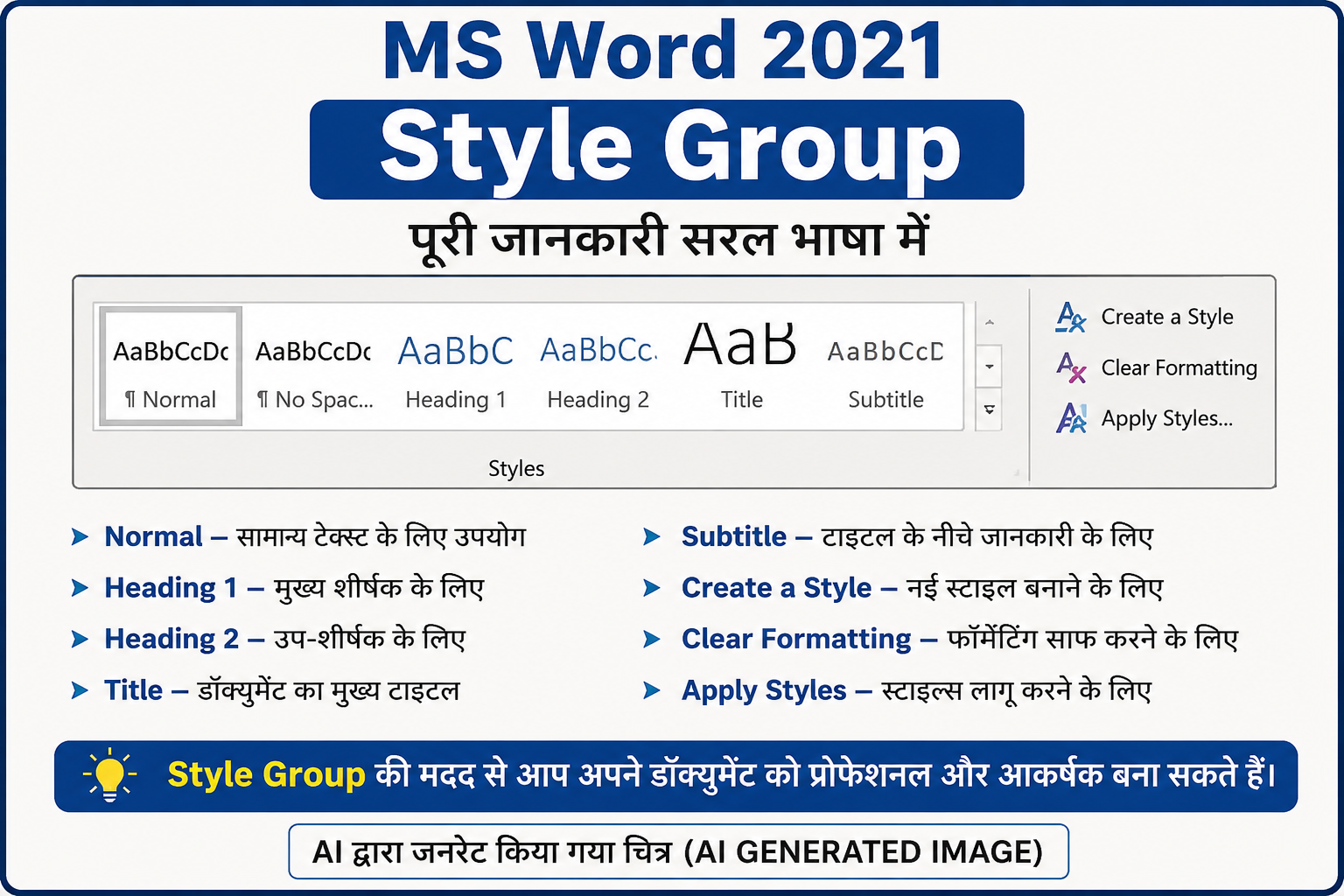 MS Word 2021 Style Group infographic showing Heading 1, Heading 2, Title, Subtitle, Styles Gallery, Create Style, Modify Style, and Apply Styles. AI-generated illustrative image.