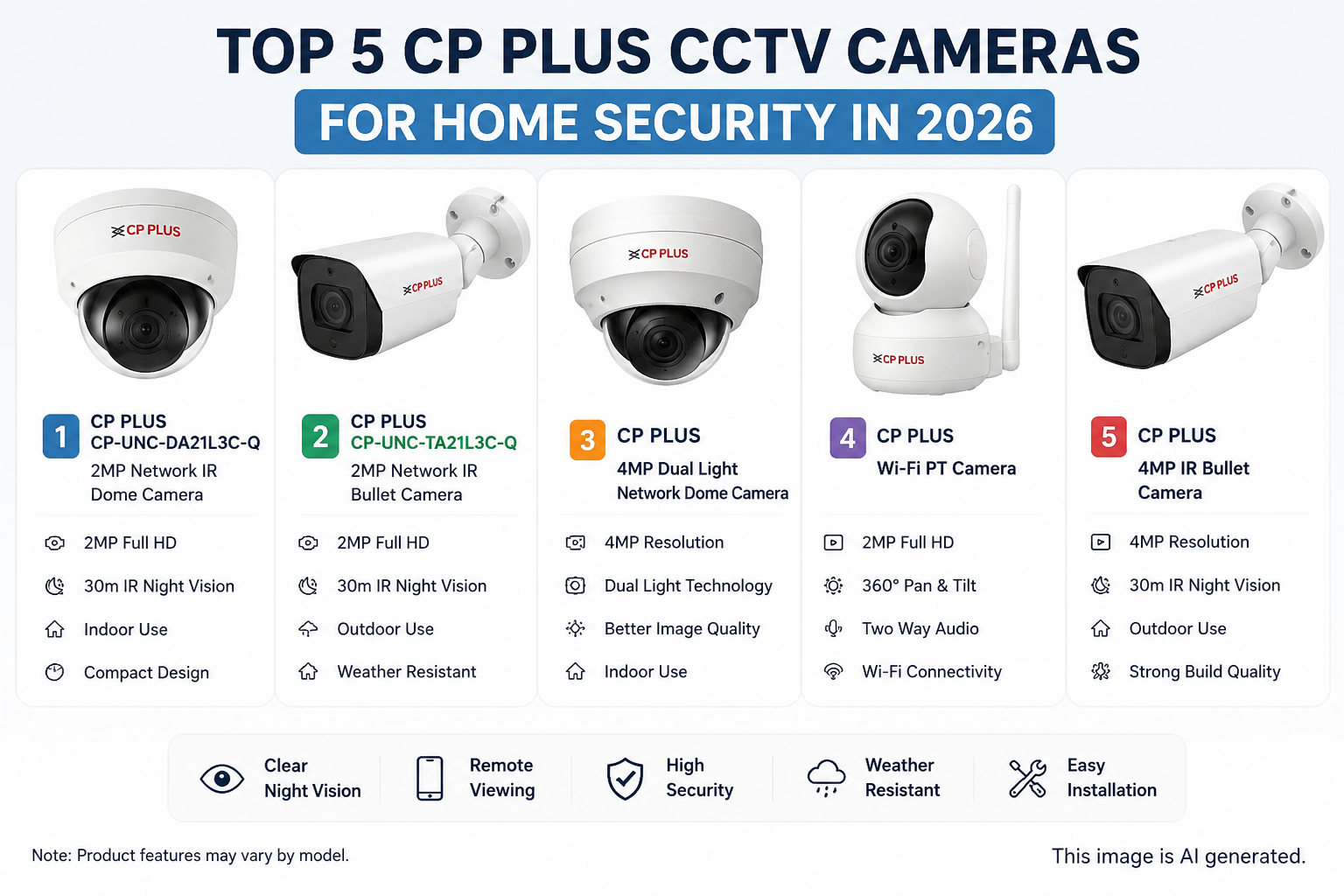 AI-generated infographic showing the top 5 CP Plus CCTV cameras for home security in 2026.