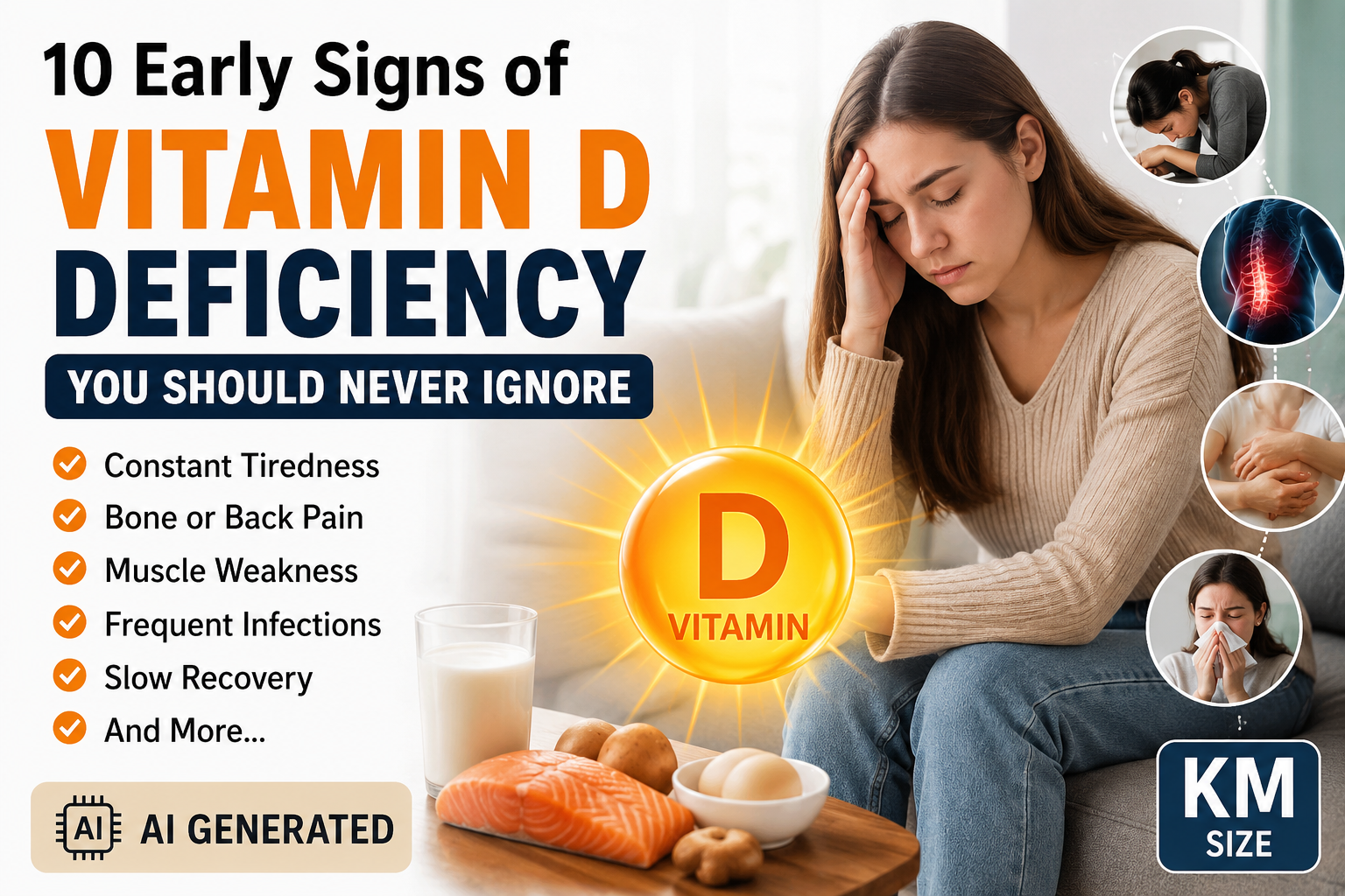 "AI-generated illustration showing the 10 early signs of Vitamin D deficiency, including fatigue, muscle weakness, bone pain, and immune health concerns."