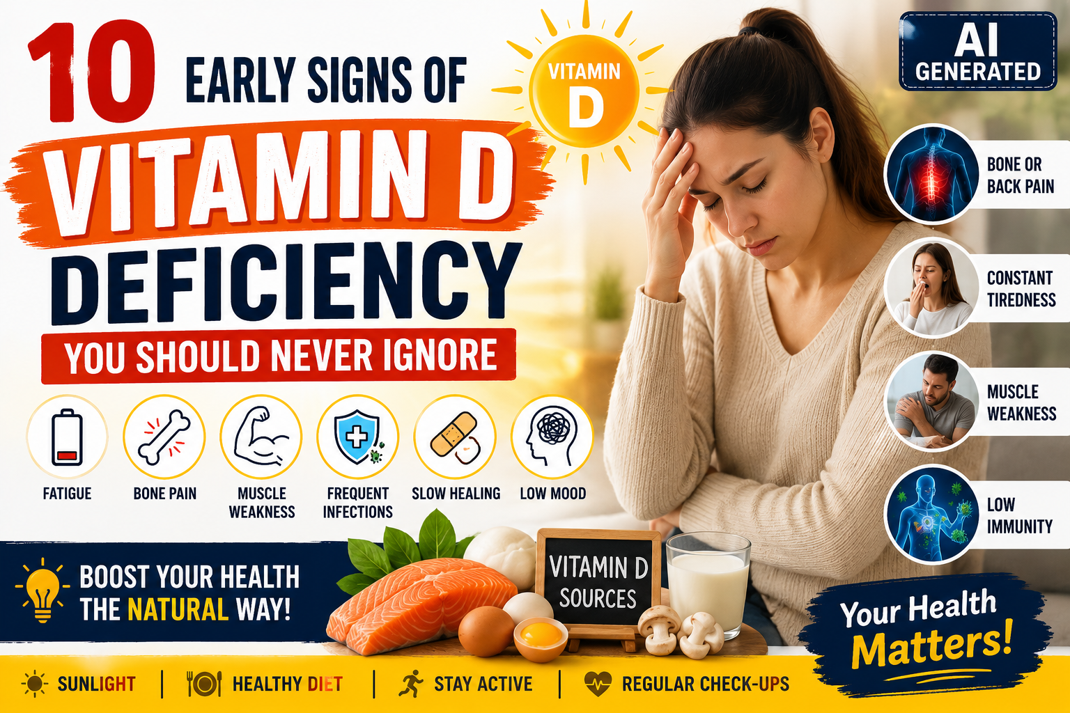 "AI-generated thumbnail illustrating the 10 early signs of Vitamin D deficiency, including fatigue, bone pain, muscle weakness, and low immunity."
