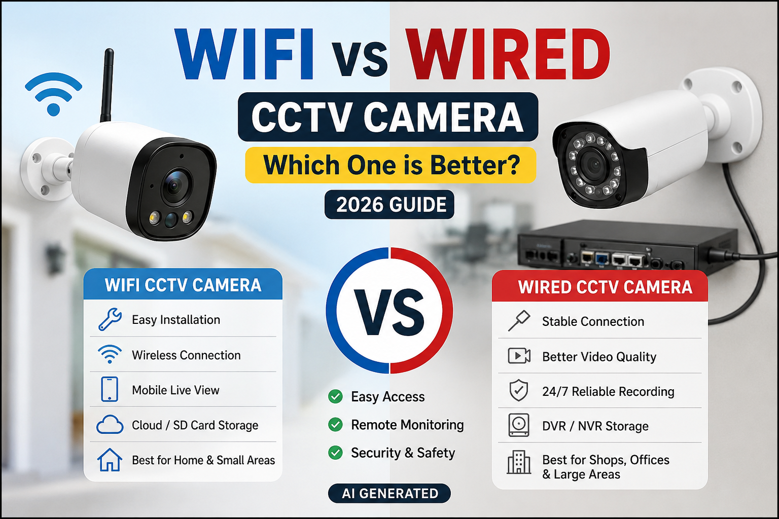 WiFi vs Wired CCTV Camera comparison showing features, installation, video quality, and best use cases for home, office, and business security (AI Generated).