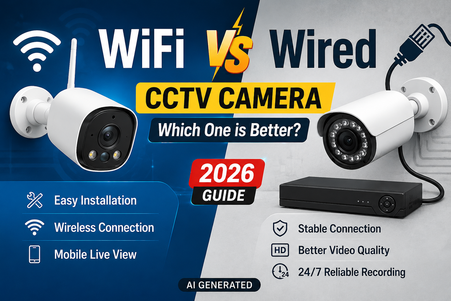 WiFi vs Wired CCTV Camera thumbnail comparing wireless and wired security cameras for home, office, and business surveillance (2026) – AI Generated.