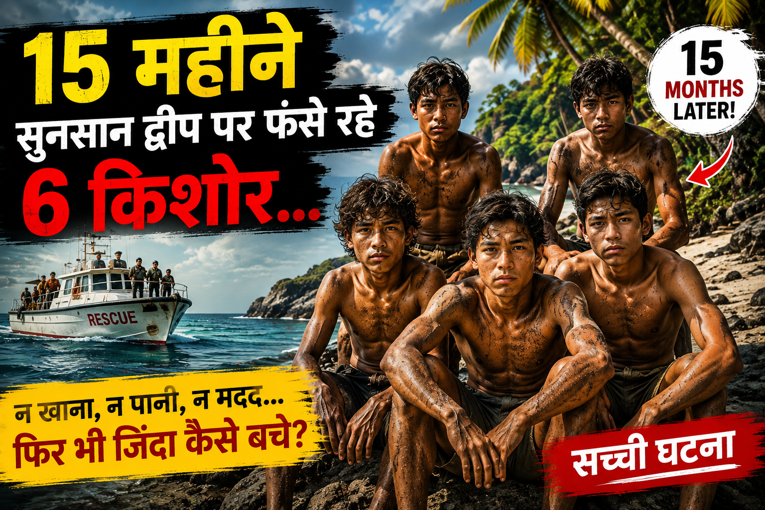 AI-generated thumbnail showing six teenagers stranded on a deserted island for 15 months, with a rescue boat approaching in the background.