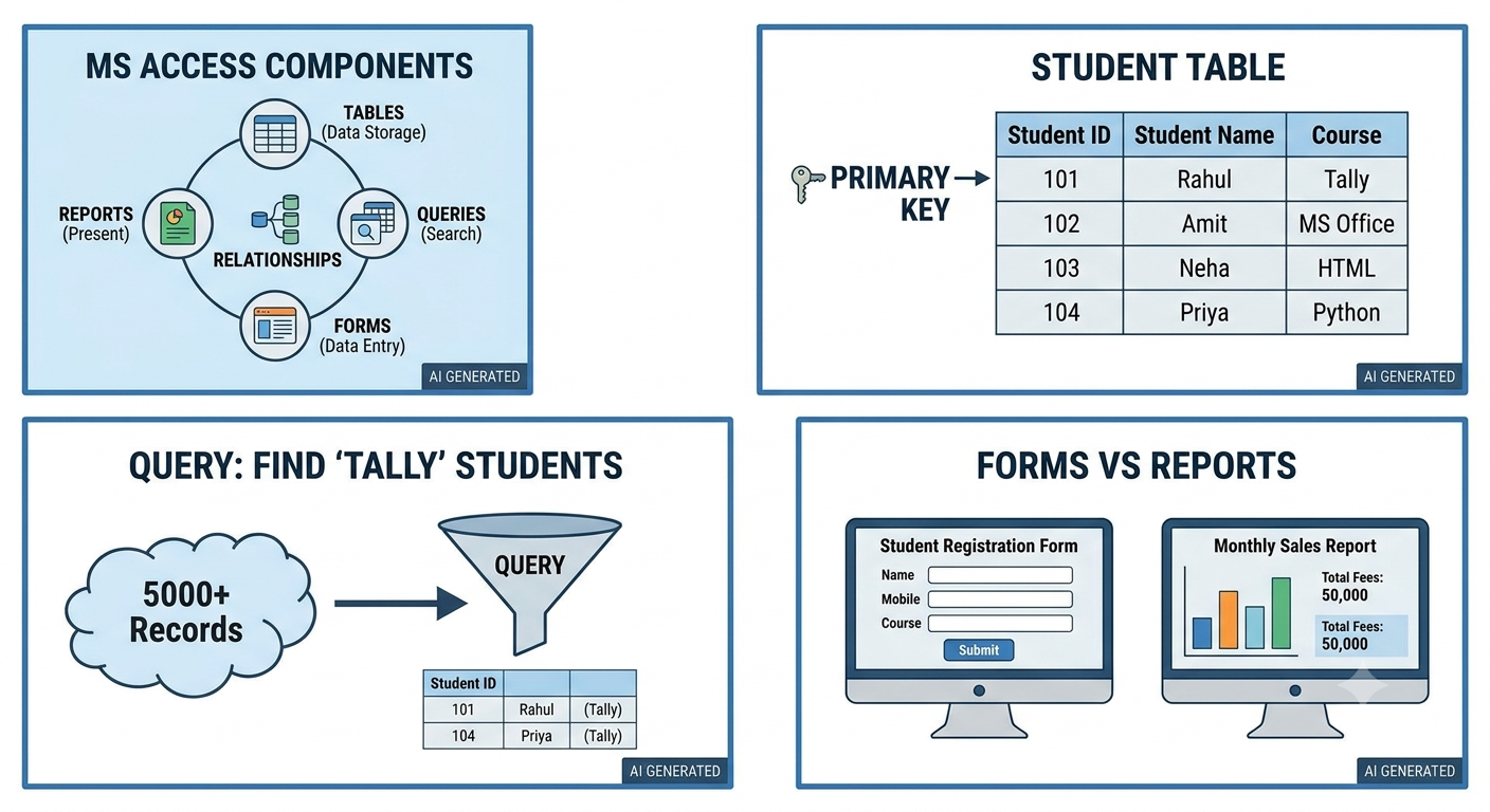 "An illustrative diagram with a central core title 'MS ACCESS COMPONENTS' and arrows pointing to four distinct icons: top-left (a grid labeled 'TABLES'), top-right (a magnifying glass with arrows labeled 'QUERIES'), bottom-left (a pencil over a window labeled 'FORMS'), and bottom-right (a document and chart labeled 'REPORTS'). The style is clean vector art with soft gradients and a glowing central core, all on a light background. A small 'AI GENERATED' label is in the bottom-right corner."