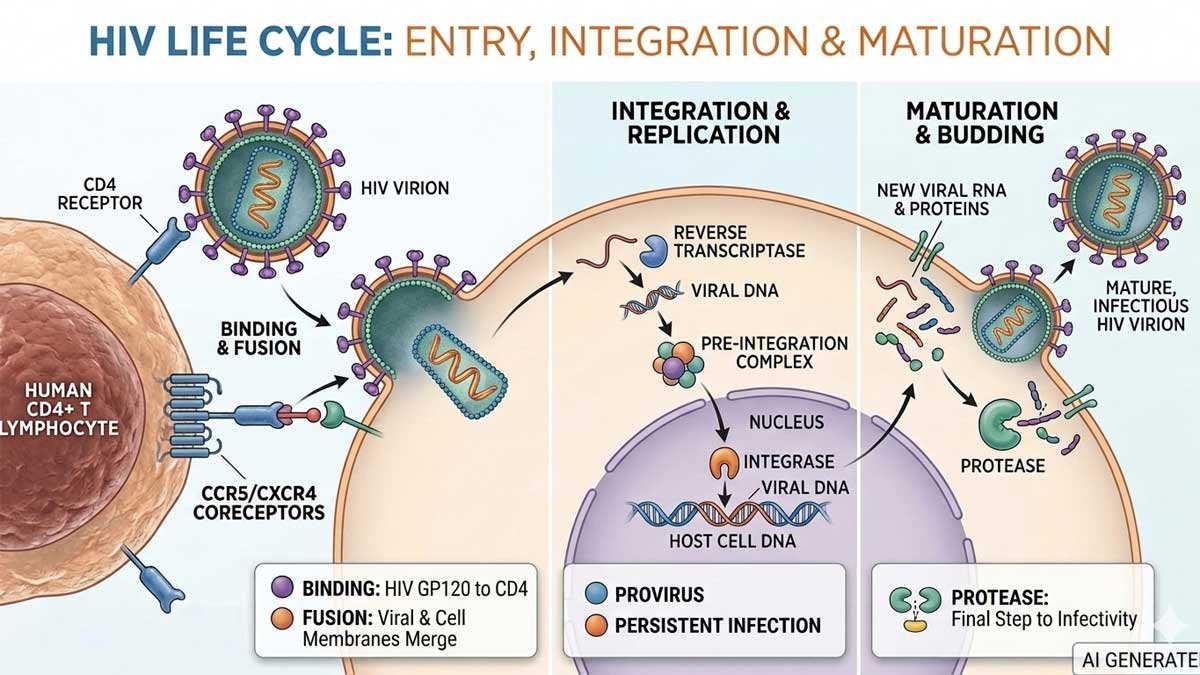 AI-generated medical infographic illustrating the HIV life cycle stages: entry, integration, replication, and maturation within a human CD4+ T lymphocyte cell.