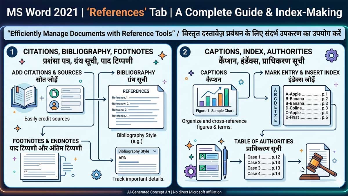 MS Word 2021 References Tab with Table of Contents, Footnotes and Citations tools