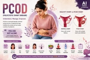 PCOD awareness AI generated image showing symptoms, ovary comparison and health management tips