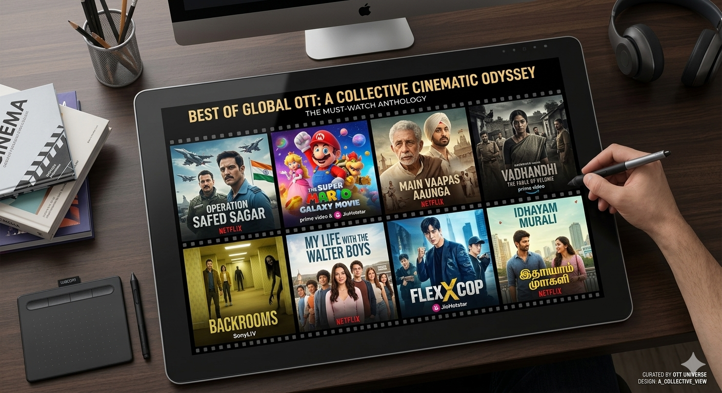 "Infographic banner showing 8 new OTT movie and web series releases on Netflix, Prime Video, JioHotstar, and SonyLIV for a Sunday watchlist."