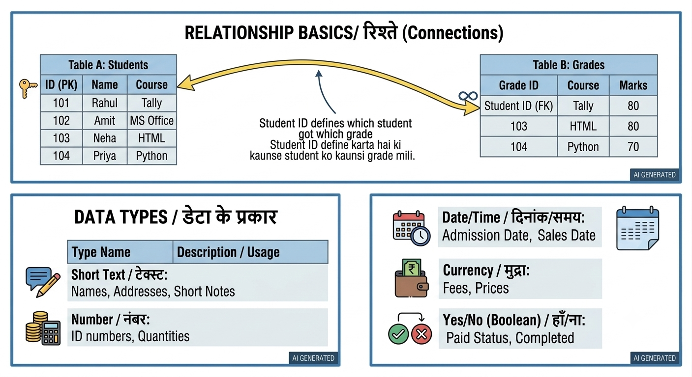 A clean vector-art illustration with a soft-glow background showing two grid-like data tables. The left table is titled 'STUDENT TABLE' and contains sample columns for ID (with a key icon), Name, and Course, along with example records. The right table is titled 'FEES TABLE' with columns for Fees ID, Student ID, and Amount. A prominent orange connection line with arrows links the 'Student ID' field in both tables, representing a 'PRIMARY KEY RELATIONSHIP.' Text labels like 'Database,' 'Fields,' and 'Records' clearly annotate parts of the table structures. A small, subtle 'AI GENERATED' tag is in the bottom-right corner."