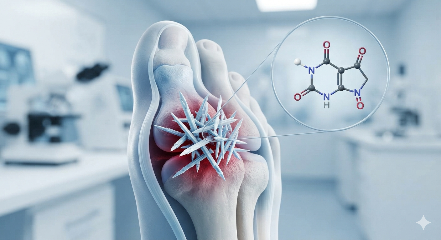 Uric acid crystals and gout joint pain illustration
