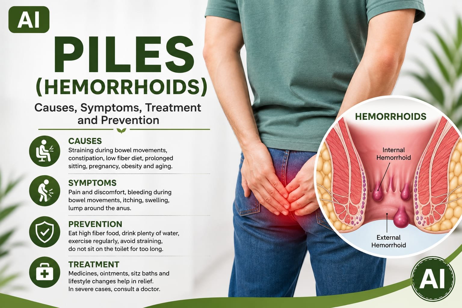 AI-generated medical illustration showing piles (hemorrhoids), including causes, symptoms, treatment and prevention