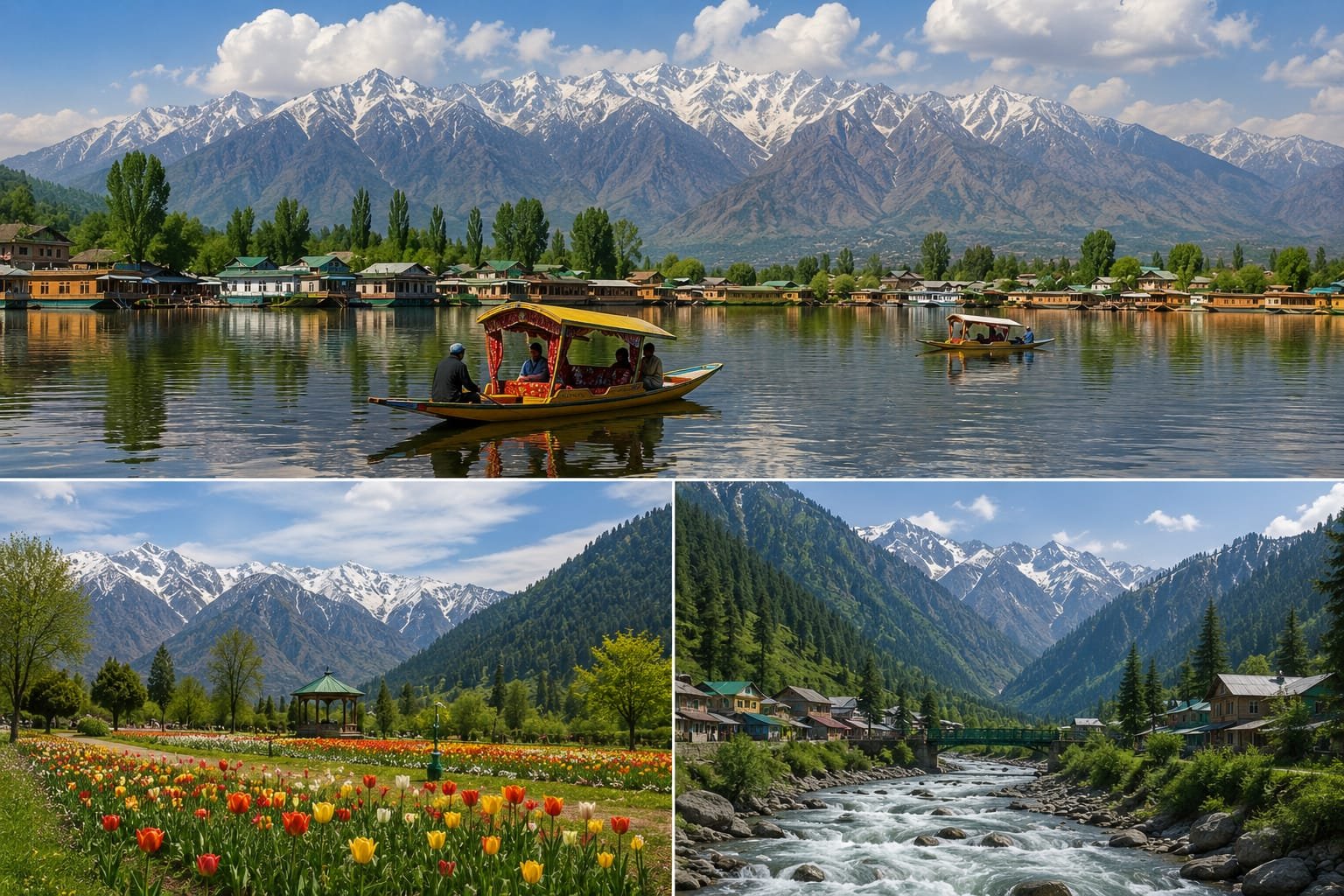  Snow-covered Kashmir valley with majestic mountains, pine trees, and a peaceful flowing river.