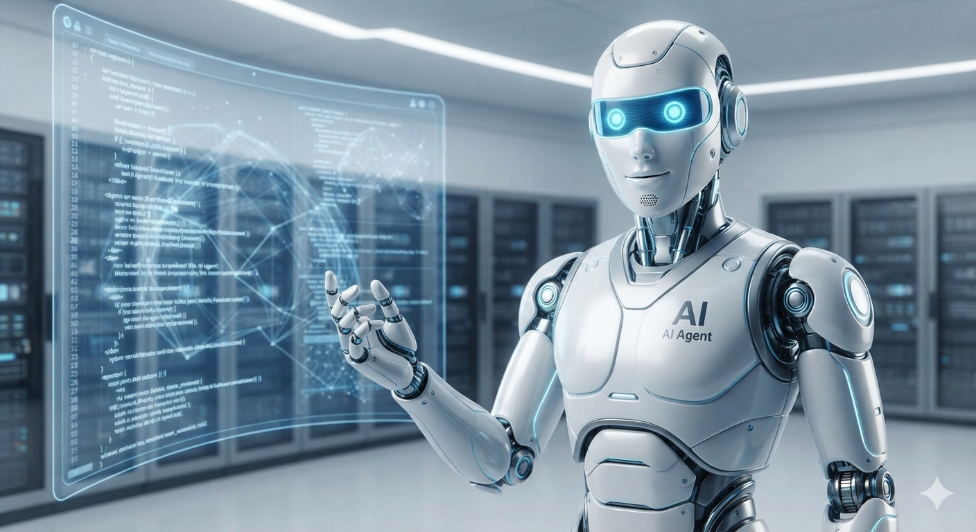 Futuristic humanoid AI robot working on data analysis with a virtual touch interface.