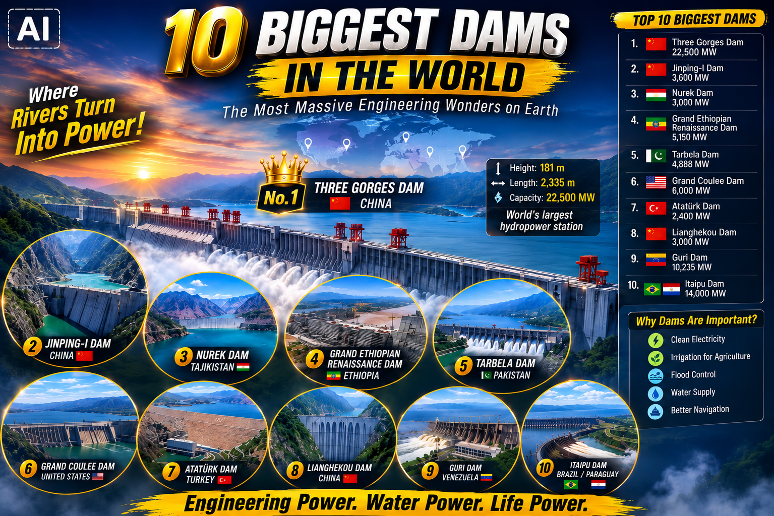 Top 10 biggest dams in the world, featuring Three Gorges Dam and other major hydroelectric dams with their power capacities.