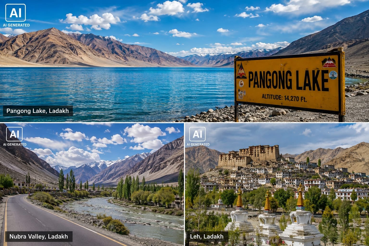 Ladakh travel destinations featuring Pangong Lake, Nubra Valley and Leh surrounded by mountains