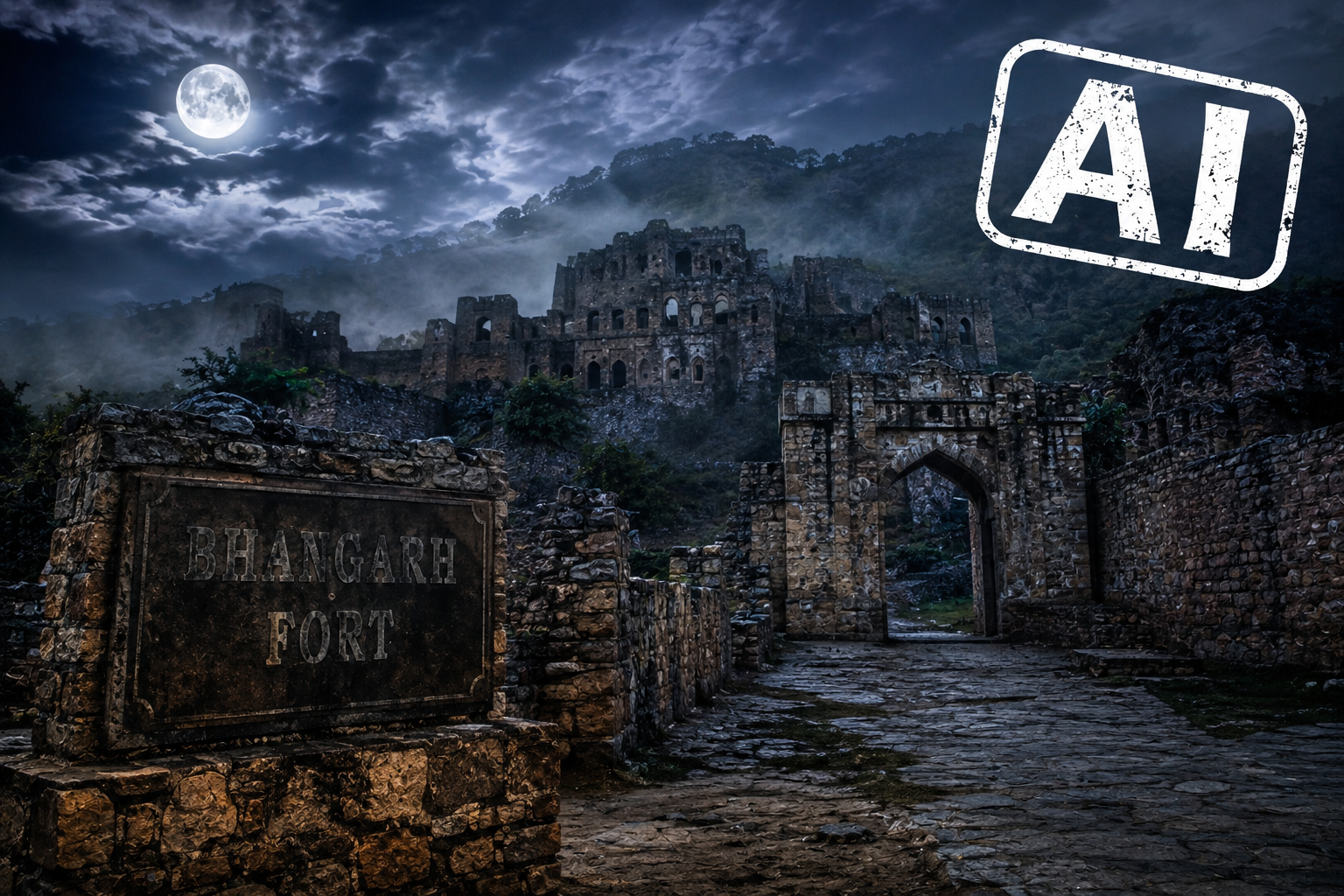 Bhangarh Fort ruins at night under a full moon
