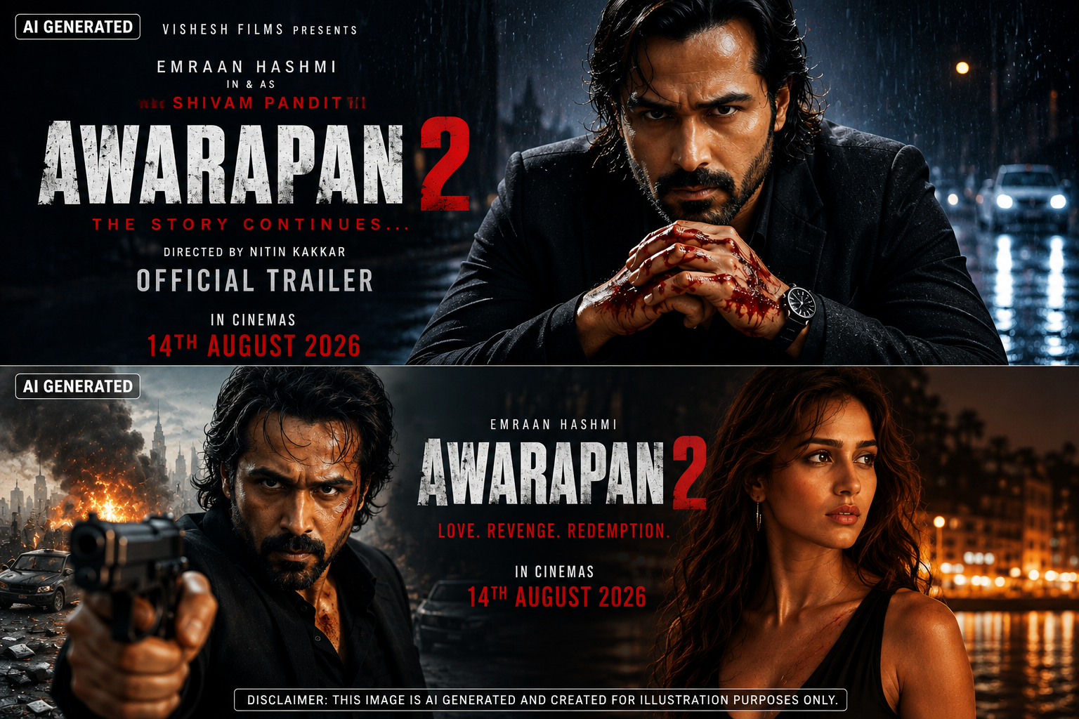 AI generated Awarapan 2 poster featuring Emraan Hashmi as Shivam Pandit and Disha Patani