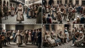 AI-generated illustration of the Dancing Plague of 1518 in medieval Strasbourg