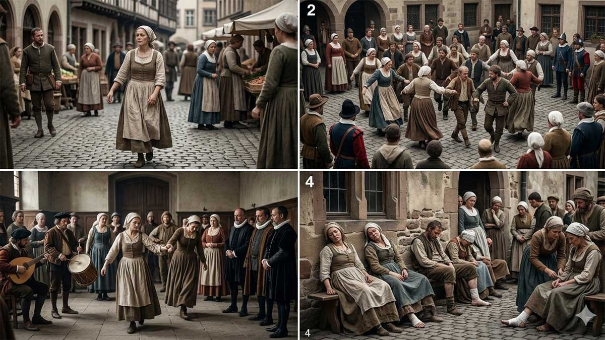 AI-generated illustration of the Dancing Plague of 1518 in medieval Strasbourg