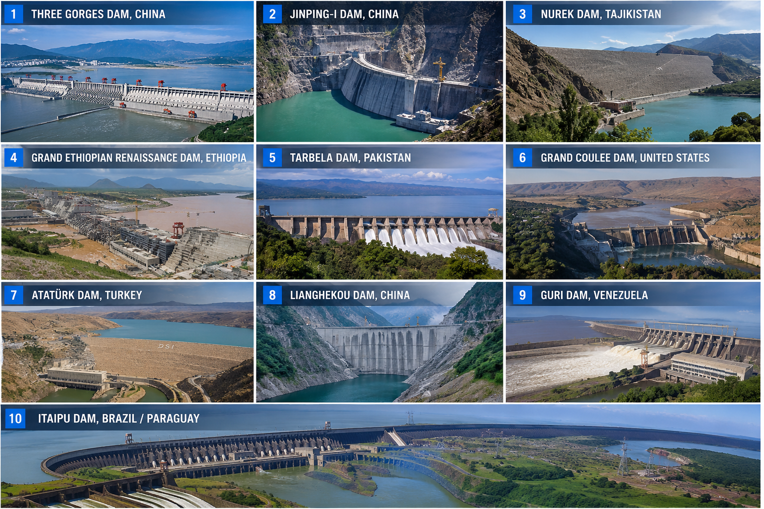 10 biggest dams in the world including Three Gorges, Itaipu and Tarbela Dam