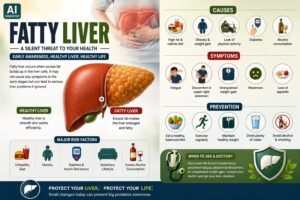 AI-generated fatty liver medical infographic showing healthy and fatty liver, risk factors, symptoms and prevention