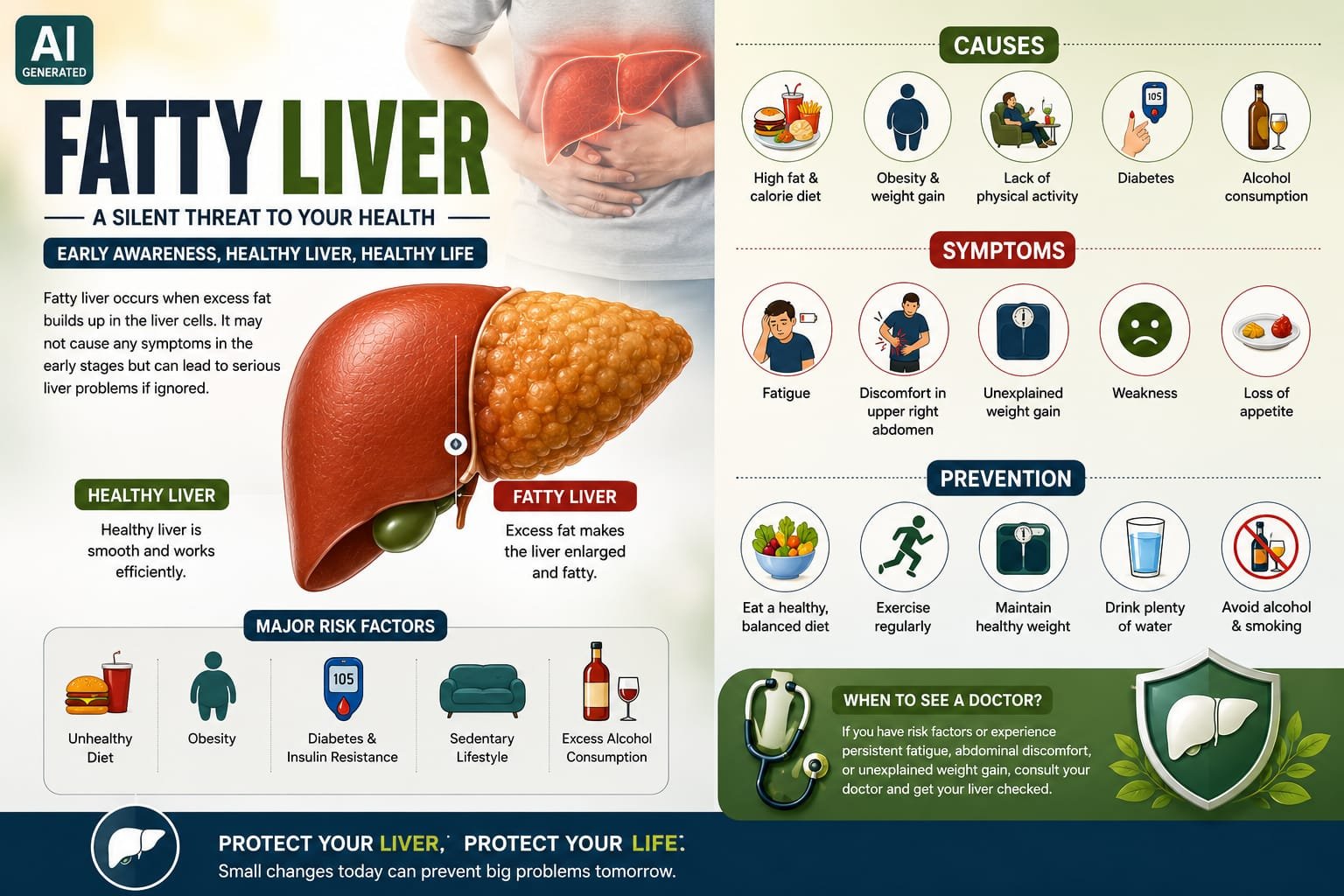 AI-generated fatty liver medical infographic showing healthy and fatty liver, risk factors, symptoms and prevention