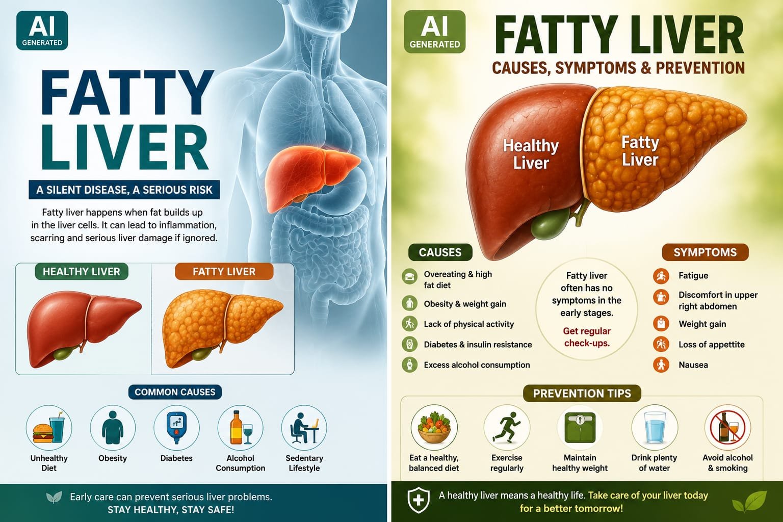 AI-generated medical illustration of fatty liver showing healthy liver vs fatty liver, causes, symptoms and prevention