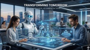 A futuristic office setting where a female and a male professional are collaborating with a white humanoid AI robot over a glowing holographic table displaying 3D city data and analytics.
