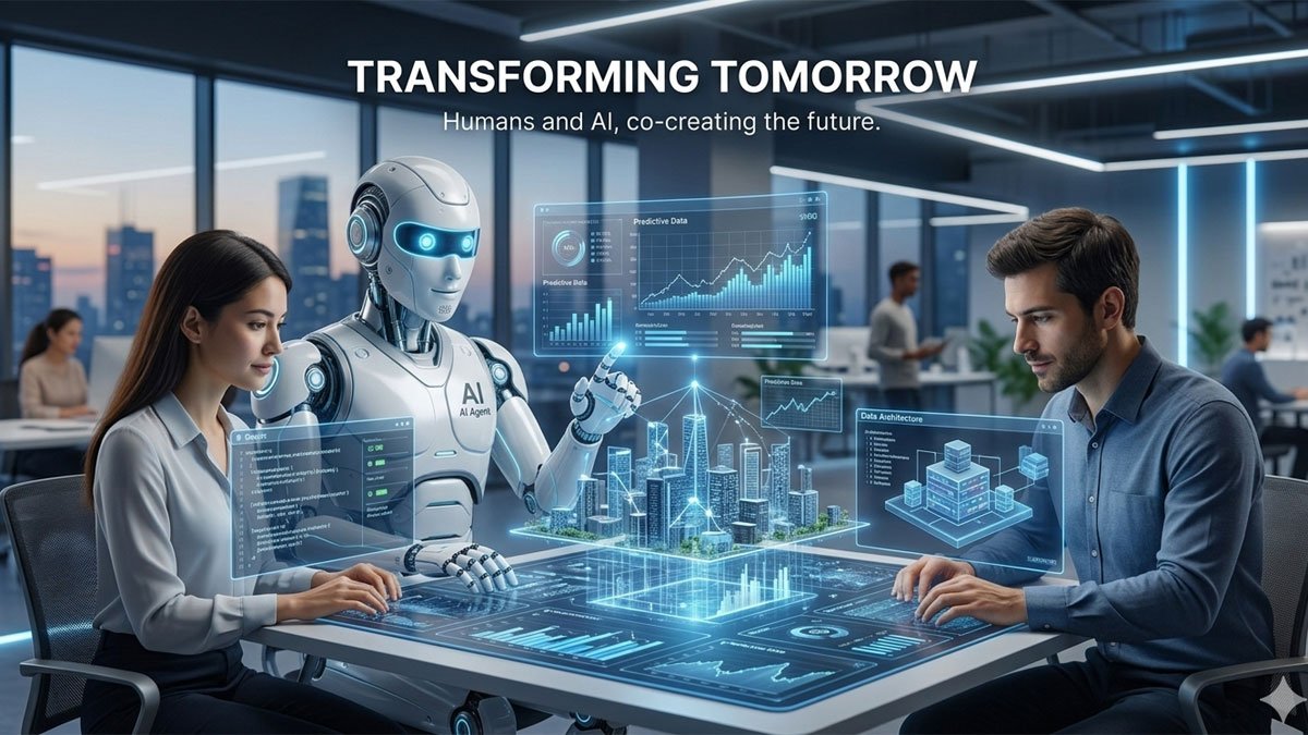 A futuristic office setting where a female and a male professional are collaborating with a white humanoid AI robot over a glowing holographic table displaying 3D city data and analytics.
