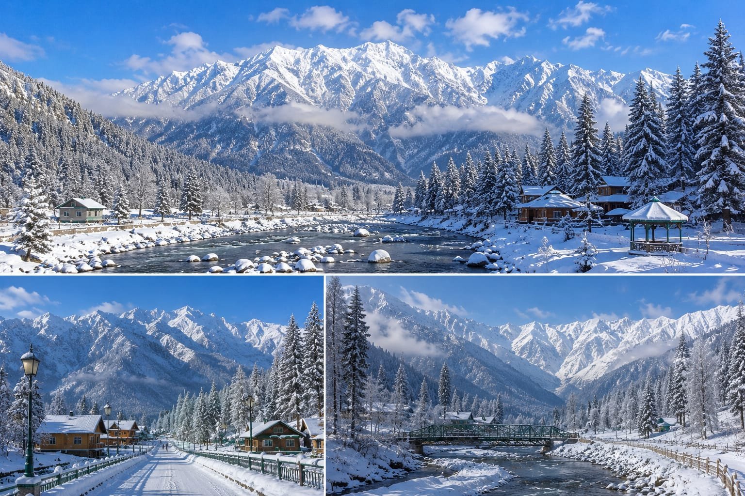 Beautiful snow-covered Kashmir valley surrounded by majestic mountains and pine trees.