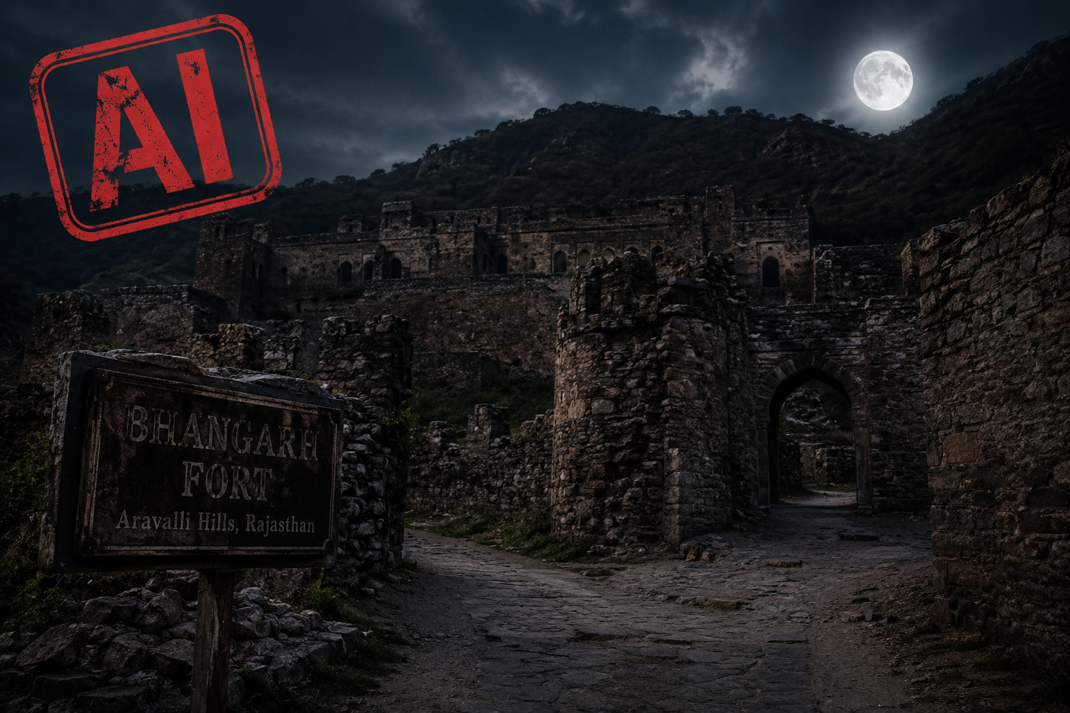 Bhangarh Fort ruins at night under a full moon with misty mountains