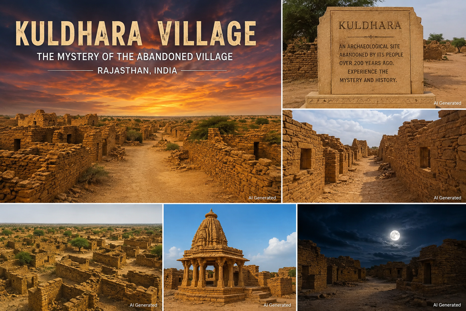 Kuldhara Village Rajasthan mystery – abandoned village ruins with a mysterious atmosphere and sunset sky.